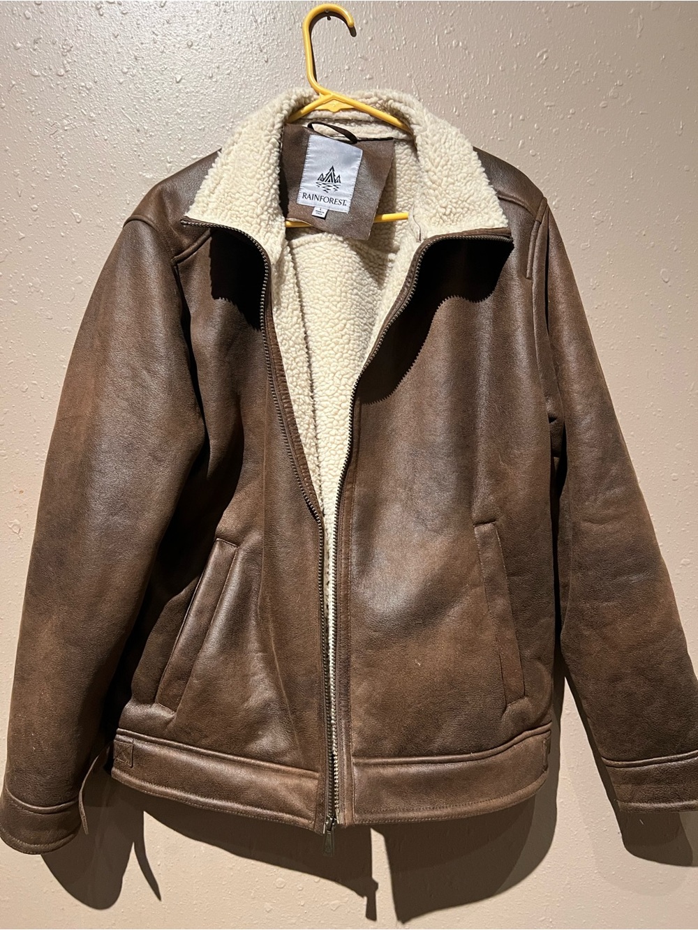 RAINFOREST Brown Leather Bomber with Cream Sherpa Lining